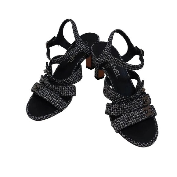 CHANEL - Black Silver Tweeds Leather Women's Sandals 645-081625 - Picture 2 of 6